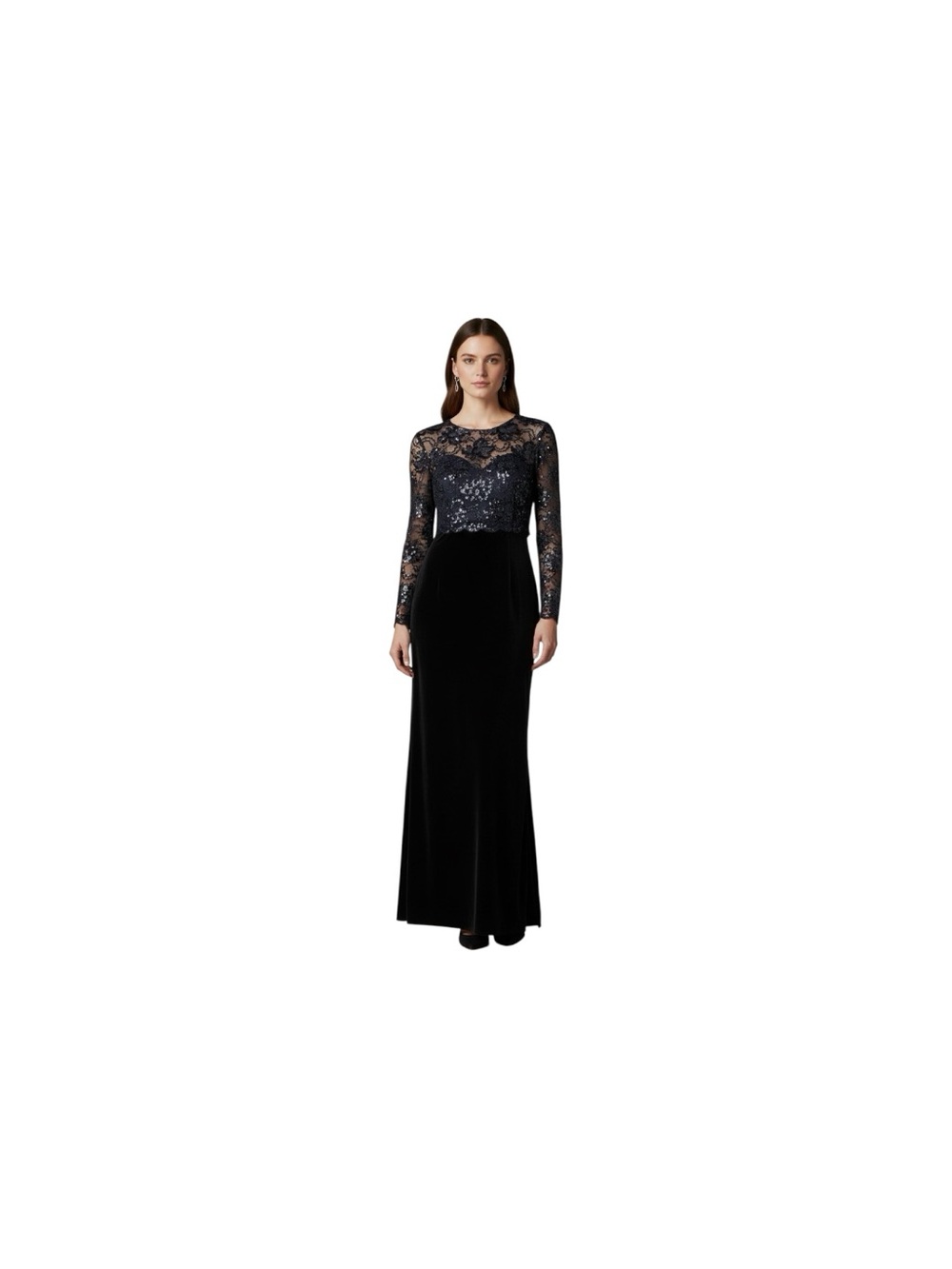 Donna Morgan Black Lace & Sequin Long Evening Accent